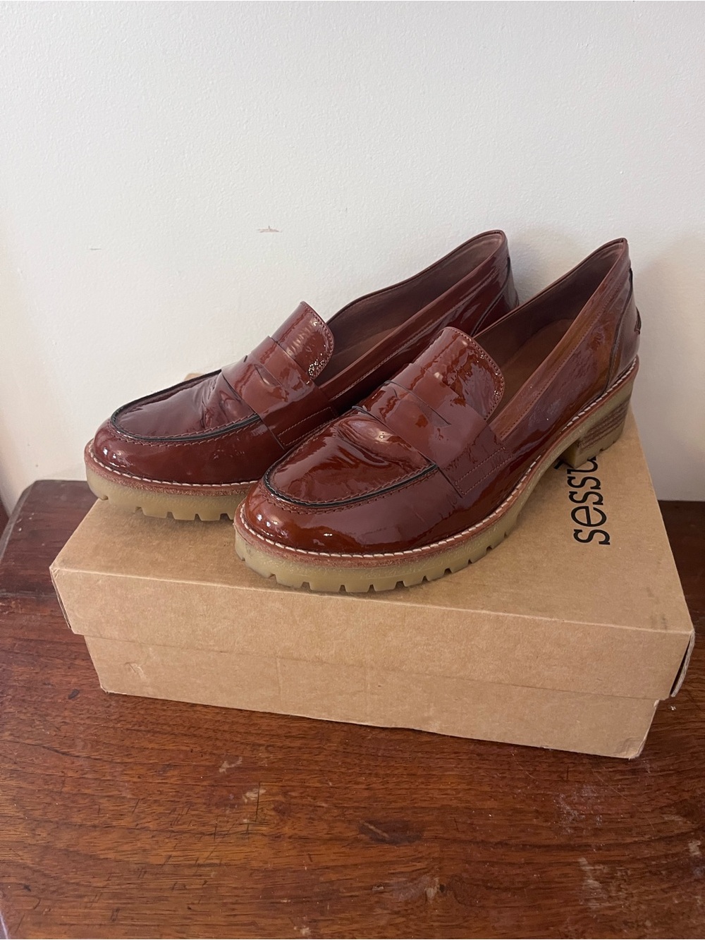 Women's Sessùn Glossy Burgundy Penny Loafers with Lug Sole